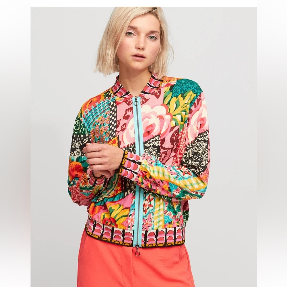 Aldo Martins Multicolor Floral Bomber Jacket with Pink and Turquoise Accents